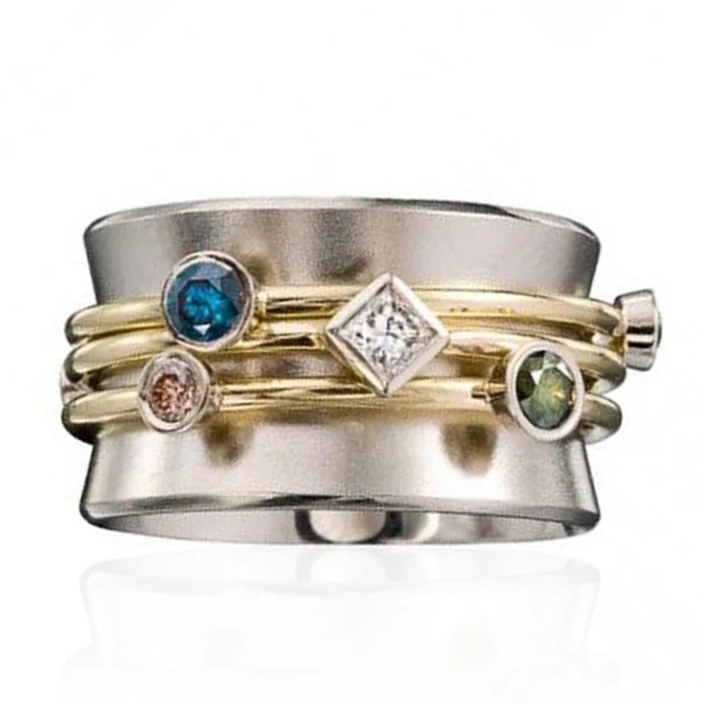 Wide Stirling Band Multi Color Zircon Gold and Silver Women's Ring Size 6